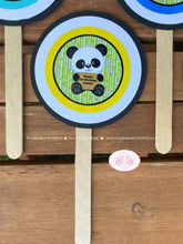 Load image into Gallery viewer, Panda Bear Birthday Party Cupcake Toppers Cake Display Boy Blue Black Yellow Green Blue Zoo Wild Kids Boogie Bear Invitations Justin Theme