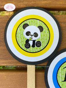 Panda Bear Birthday Party Cupcake Toppers Cake Display Boy Blue Black Yellow Green Blue Zoo Wild Kids Boogie Bear Invitations Justin Theme