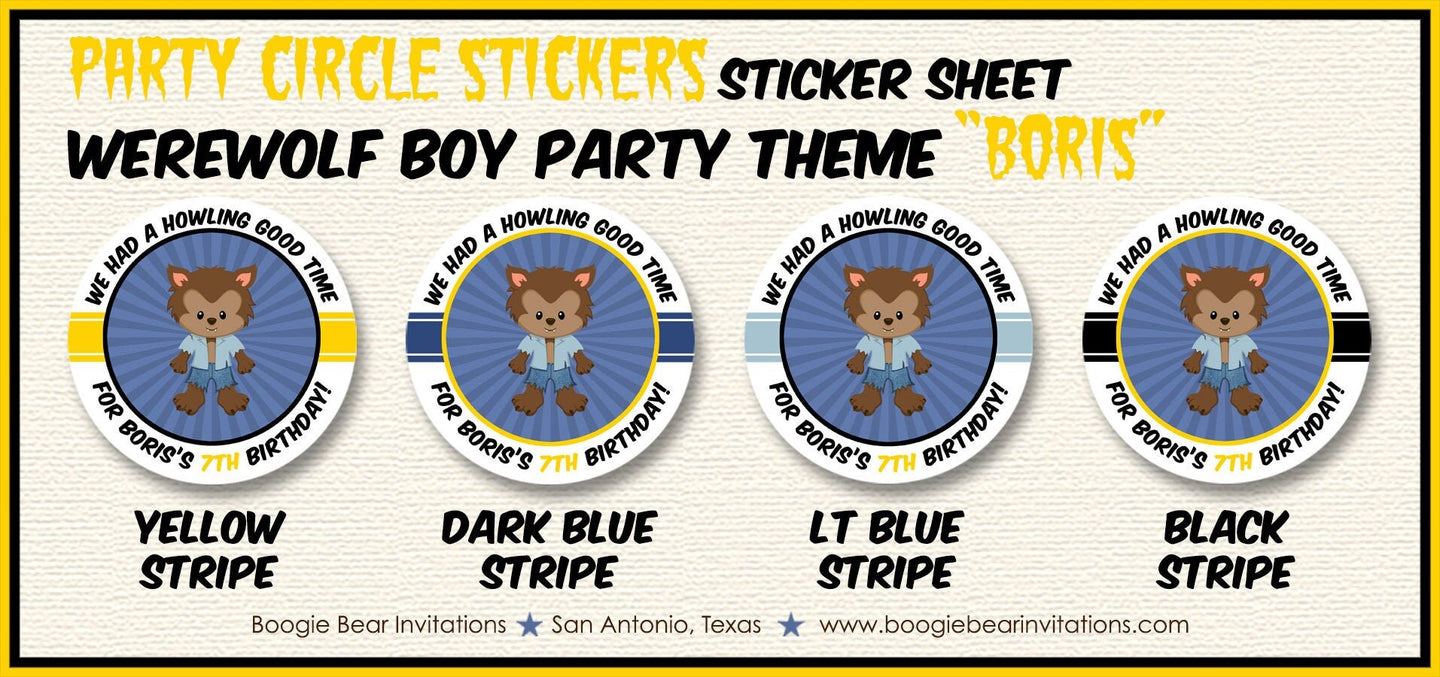 Werewolf Boy Party Circle Stickers Birthday Sheet Round Blue Yellow Black Full Moon Halloween Howl Magic Boogie Bear Invitations Boris Theme