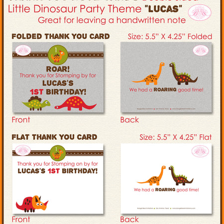 Dinosaur Birthday Party Thank You Card Little Dino Flat Folded Note Boy Girl Red Stomp Roar Boogie Bear Invitations Lucas Theme Printed
