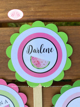 Load image into Gallery viewer, Pink Watermelon Party Cupcake Toppers Birthday Girl One In Melon Two Sweet Green Summer Picnic Fruit Boogie Bear Invitations Darlene Theme