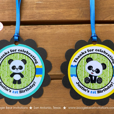 Panda Bear Birthday Party Favor Tags Boy Blue Black Yellow Green Zoo Wild Animals Kids Bamboo Plant Lil Boogie Bear Invitations Justin Theme