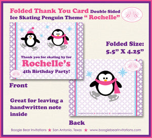 Ice Skating Birthday Party Thank You Card Girl Penguin Pink Purple Winter Skate Pond Rink Boogie Bear Invitations Rochelle Theme Printed