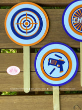 Load image into Gallery viewer, Foam Dart Gun Birthday Party Cupcake Toppers Cake Display Orange Blue Bullseye Target Play Game Boy Girl Boogie Bear Invitations Chase Theme