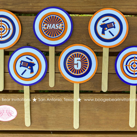 Foam Dart Gun Birthday Party Cupcake Toppers Cake Display Orange Blue Bullseye Target Play Game Boy Girl Boogie Bear Invitations Chase Theme