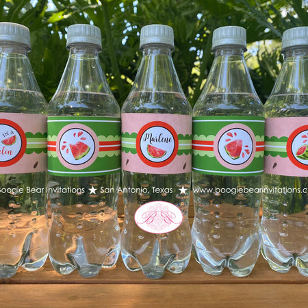 Red Watermelon Birthday Party Bottle Wraps Label Girl Boy One In a Melon Two Sweet Summer Picnic Fruit Boogie Bear Invitations Marlene Theme