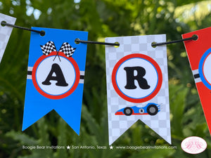 Race Car Birthday Party Pennant Cake Banner Topper Flag Boy Girl Red Blue Silver Checkered Flag Racing Boogie Bear Invitations Mario Theme