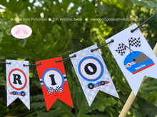 Load image into Gallery viewer, Race Car Birthday Party Pennant Cake Banner Topper Flag Boy Girl Red Blue Silver Checkered Flag Racing Boogie Bear Invitations Mario Theme