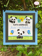 Load image into Gallery viewer, Blue Panda Bear Birthday Door Banner Party Boy Tropical Jungle Green Butterfly Wild Zoo Animals Bamboo Boogie Bear Invitations Justin Theme