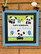 Load image into Gallery viewer, Blue Panda Bear Birthday Door Banner Party Boy Tropical Jungle Green Butterfly Wild Zoo Animals Bamboo Boogie Bear Invitations Justin Theme