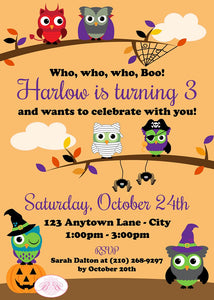 Halloween Owls Birthday Party Invitation Girl Boy Spooky Costume Bat Spider Boogie Bear Invitations Paperless Printable Printed Harlow Theme