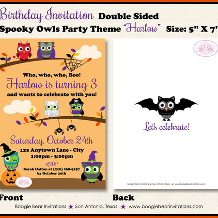 Halloween Owls Birthday Party Invitation Girl Boy Spooky Costume Bat Spider Boogie Bear Invitations Paperless Printable Printed Harlow Theme