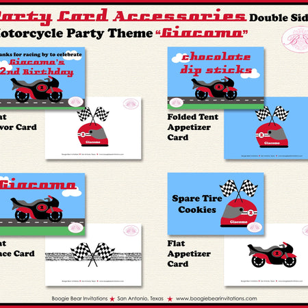Red Motorcycle Birthday Party Favor Card Tent Appetizer Place Racing Track Black Enduro Driver Boogie Bear Invitations Giacomo Theme Printed