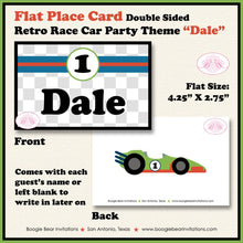 Load image into Gallery viewer, Race Car Birthday Party Favor Card Tent Appetizer Place Retro Green Blue Boy Girl Checkered Flag Boogie Bear Invitations Dale Theme Printed