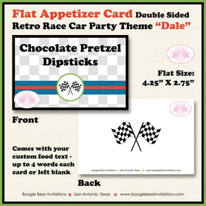 Race Car Birthday Party Favor Card Tent Appetizer Place Retro Green Blue Boy Girl Checkered Flag Boogie Bear Invitations Dale Theme Printed