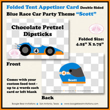 Load image into Gallery viewer, Race Car Birthday Party Favor Card Tent Appetizer Place Black Orange Blue Boy Checkered Flag Boogie Bear Invitations Scott Theme Printed