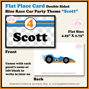 Race Car Birthday Party Favor Card Tent Appetizer Place Black Orange Blue Boy Checkered Flag Boogie Bear Invitations Scott Theme Printed
