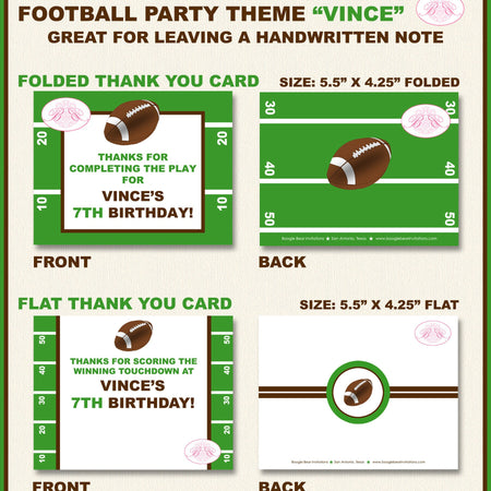 Football Birthday Party Thank You Card Boy Girl Sports Athletic Foot Ball Touch Down Goal Game Boogie Bear Invitations Vince Theme Printed