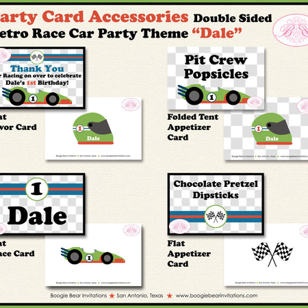 Race Car Birthday Party Favor Card Tent Appetizer Place Retro Green Blue Boy Girl Checkered Flag Boogie Bear Invitations Dale Theme Printed