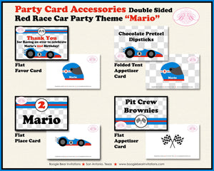 Race Car Birthday Party Favor Card Tent Appetizer Place Black Red Blue Boy Girl Checkered Flag Boogie Bear Invitations Mario Theme Printed