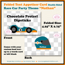 Load image into Gallery viewer, Race Car Birthday Party Favor Card Tent Appetizer Place Orange Teal Boy Girl Checkered Flag Boogie Bear Invitations Nathan Theme Printed