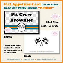 Load image into Gallery viewer, Race Car Birthday Party Favor Card Tent Appetizer Place Orange Teal Boy Girl Checkered Flag Boogie Bear Invitations Nathan Theme Printed
