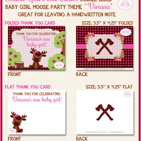Little Moose Baby Shower Thank You Card Pink Girl Forest Woodland Animals Calf Party Plaid Axe Boogie Bear Invitations Viviana Theme Printed