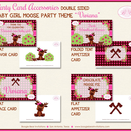 Little Moose Birthday Party Favor Card Tent Place Sign Appetizer Forest Pink Girl Woodland Boogie Bear Invitations Viviana Theme Printed