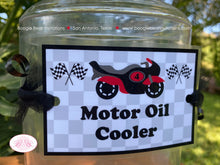 Load image into Gallery viewer, Red Motorcycle Party Beverage Card Wrap Birthday Drink Label Boy Girl Checkered Flag Black Enduro Racing Boogie Bear Invitations Cody Theme