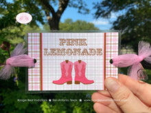 Load image into Gallery viewer, Pink Cowgirl Party Beverage Card Wrap Drink Label Sign Birthday Girl Country Farm Cowboy Boots Plaid Boogie Bear Invitations Olivia Theme