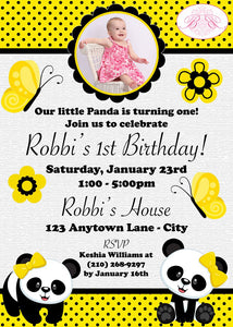 Panda Bear Birthday Party Invitation Photo Girl Yellow Black Wild Zoo Jungle Boogie Bear Invitations Robbi Theme Paperless Printable Printed