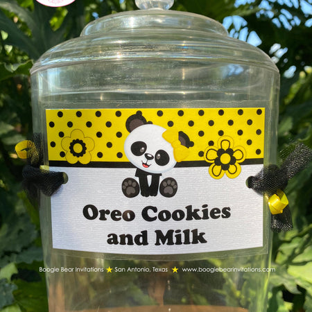 Panda Bear Party Beverage Card Wrap Drink Label Sign Birthday Girl Yellow Black Flower Butterfly Zoo Paw Boogie Bear Invitations Robbi Theme