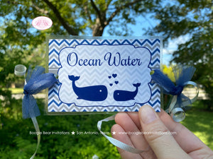 Whale Baby Shower Party Beverage Card Wrap Birthday Drink Label Navy Blue Grey Gray Swimming Boy Girl Boogie Bear Invitations Kristy Theme