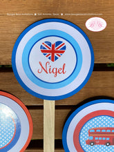 Load image into Gallery viewer, London England Birthday Party Cupcake Toppers Cake Display Boy British Great Britain Union Jack Flag Boogie Bear Invitations Nigel Theme