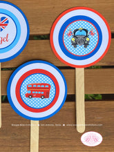 Load image into Gallery viewer, London England Birthday Party Cupcake Toppers Cake Display Boy British Great Britain Union Jack Flag Boogie Bear Invitations Nigel Theme