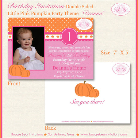 Pink Pumpkin Birthday Party Invitation Photo Little Girl Orange Fall Autumn Boogie Bear Invitations Deanna Theme Paperless Printable Printed