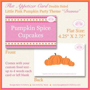 Pink Pumpkin Birthday Favor Party Card Tent Place Food Appetizer Girl Orange Autumn Fall Picnic Boogie Bear Invitations Deanna Theme Printed