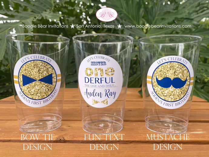 Mr Wonderful Birthday Party Beverage Cups Plastic Drink ONE Boy Mustache Bow Tie Onederful Bue Gold 1st Boogie Bear Invitations Auden Theme