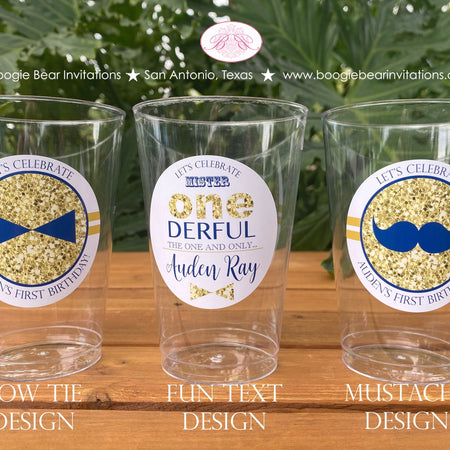 Mr Wonderful Birthday Party Beverage Cups Plastic Drink ONE Boy Mustache Bow Tie Onederful Bue Gold 1st Boogie Bear Invitations Auden Theme