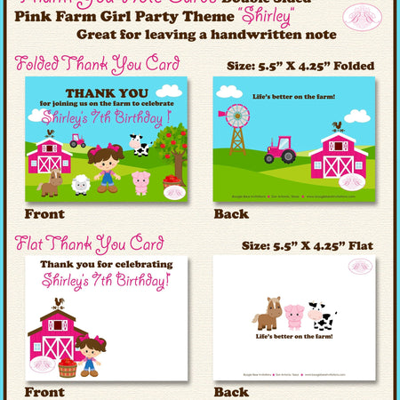 Pink Farm Birthday Party Thank You Card Note Animals Girl Barn Tractor Horse Country Pig Cow Boogie Bear Invitations Shirley Theme Printed