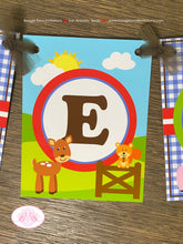 Load image into Gallery viewer, Petting Zoo Birthday Party Banner Name Farm Animals Boy Girl Country Barn Woodland Creatures Gingham Boogie Bear Invitations Samuel Theme