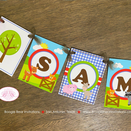 Petting Zoo Birthday Party Banner Name Farm Animals Boy Girl Country Barn Woodland Creatures Gingham Boogie Bear Invitations Samuel Theme