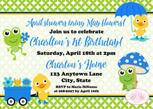 Load image into Gallery viewer, Frog Duck Spring Birthday Party Invitation Rainy Splash Garden Blue Boy Boogie Bear Charlton Invitations Theme Paperless Printable Printed