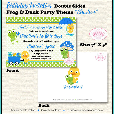 Frog Duck Spring Birthday Party Invitation Rainy Splash Garden Blue Boy Boogie Bear Charlton Invitations Theme Paperless Printable Printed