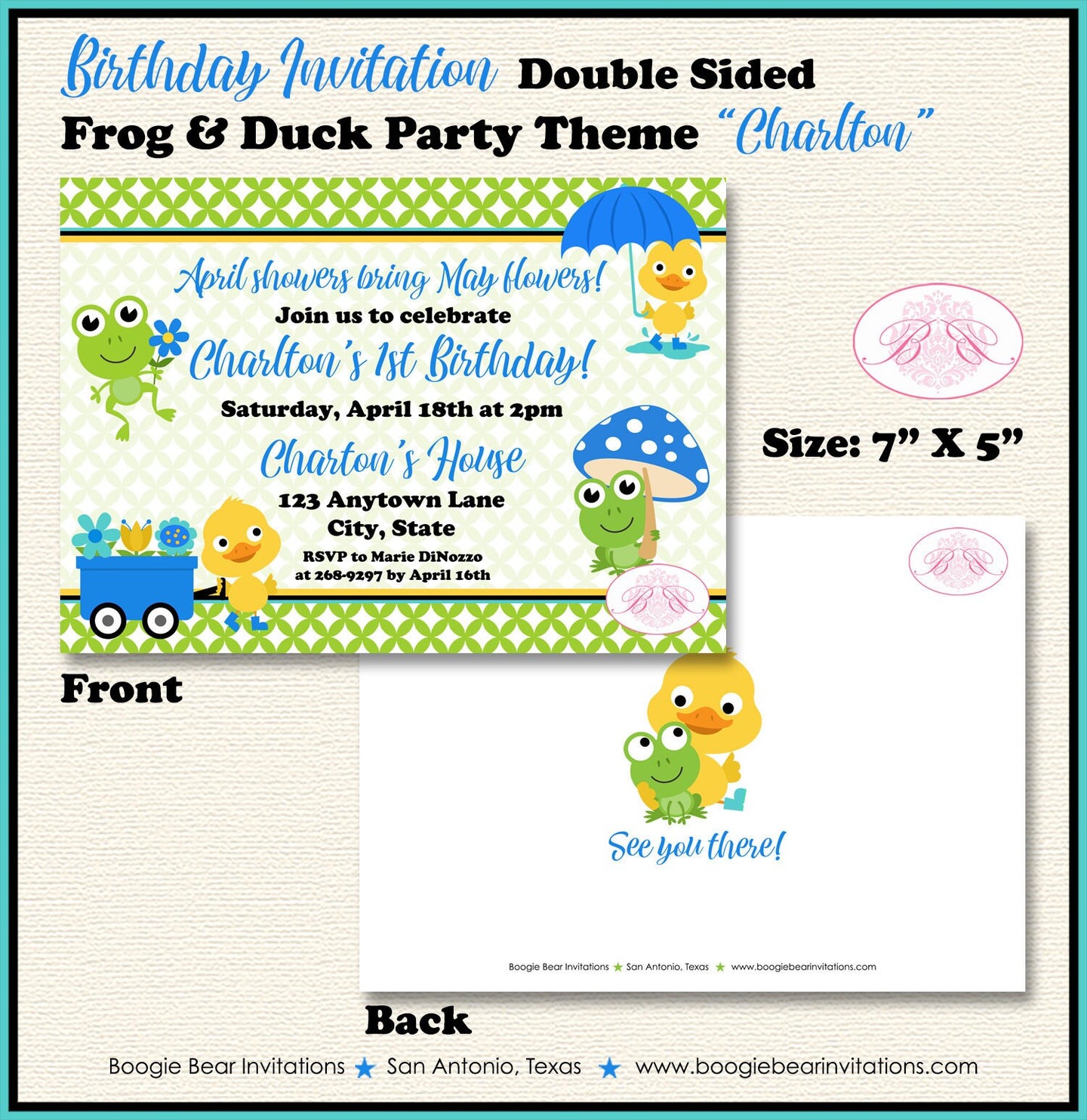 Frog Duck Spring Birthday Party Invitation Rainy Splash Garden Blue Boy Boogie Bear Charlton Invitations Theme Paperless Printable Printed