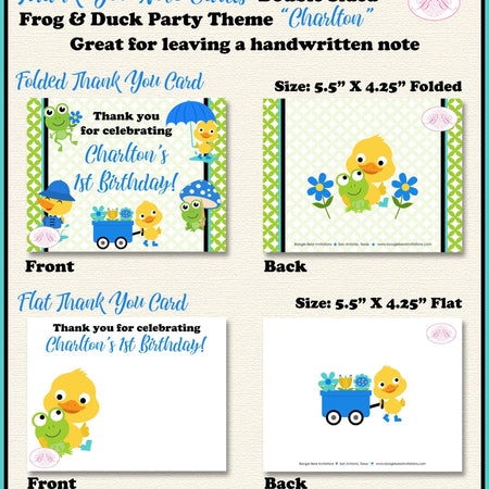 Frog Duck Party Thank You Card Birthday Boy Blue Spring Splash Garden Boogie Bear Invitations Charlton Theme Printed