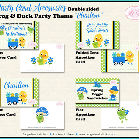Frog Duck Birthday Party Favor Card Appetizer Food Folded Tent Boy Blue Spring Splash Garden Boogie Bear Invitations Charlton Theme Printed