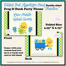 Load image into Gallery viewer, Frog Duck Birthday Party Favor Card Appetizer Food Folded Tent Boy Blue Spring Splash Garden Boogie Bear Invitations Charlton Theme Printed