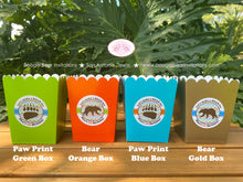 Load image into Gallery viewer, Grizzly Bear Popcorn Boxes Mini Food Buffet Birthday Party Cover Green Orange Blue Brown Gold Kodiak Roar Boogie Bear Invitations Nico Theme
