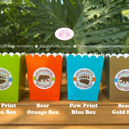 Grizzly Bear Popcorn Boxes Mini Food Buffet Birthday Party Cover Green Orange Blue Brown Gold Kodiak Roar Boogie Bear Invitations Nico Theme